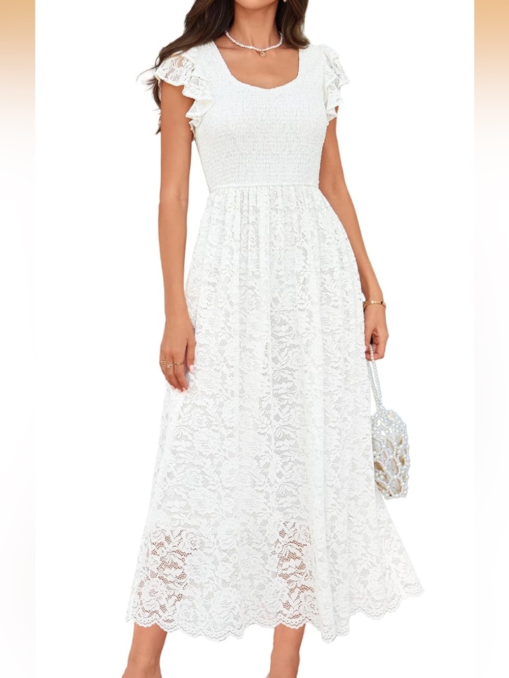 NEW GRACE KARIN Womens Summer White Lace Maxi Dress with Pockets. Medium